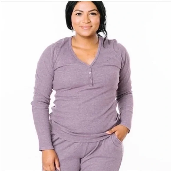 Zyia Active Don't Wake Me Up shirt purple waffle knit thermal buttons v neck - Picture 1 of 8